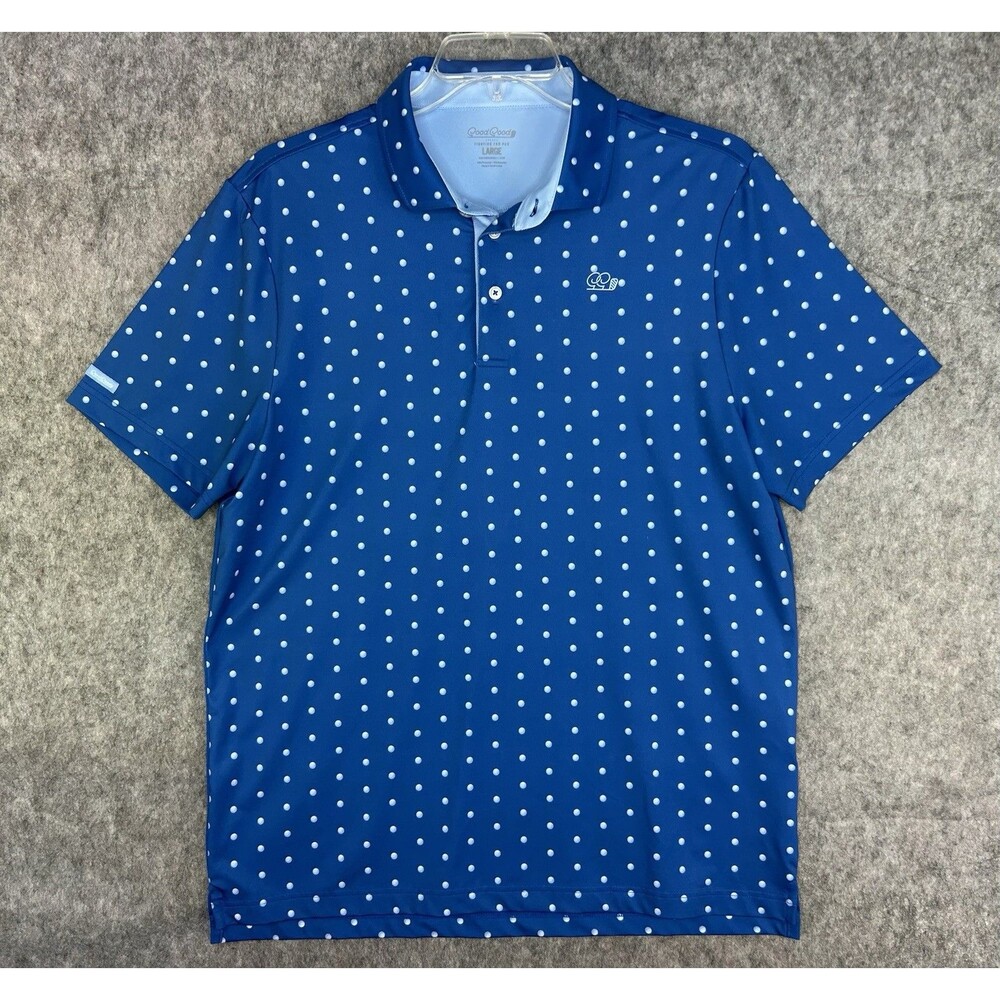 Good Good Golf Performance Polo Shirt Men's L Blue White Golf Ball AOP